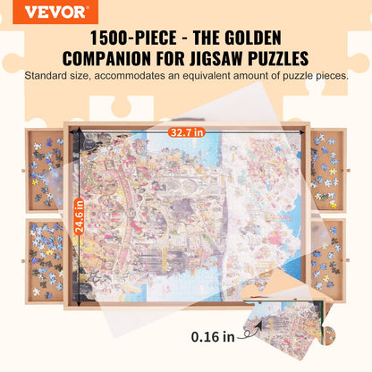 VEVOR 1500 Piece Puzzle Table with Folding Legs, 4 Drawers and Cover, Wooden Jigsaw
