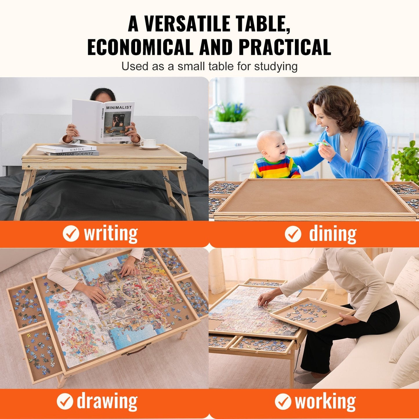 Wooden Jigsaw Puzzle Table with Folding Legs, 4 Drawers, and Waterproof Cover