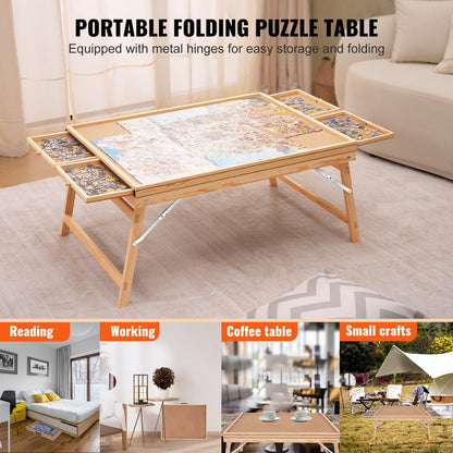 Wooden Jigsaw Puzzle Table with Folding Legs, 4 Drawers, and Waterproof Cover