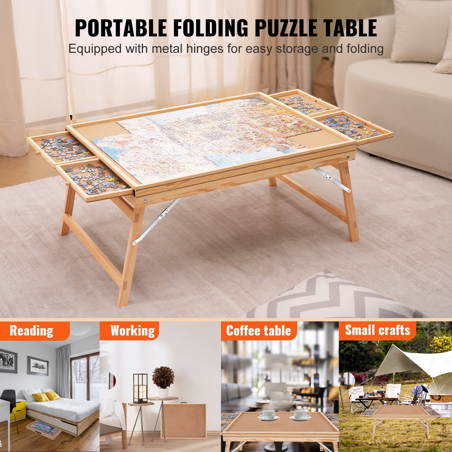 VEVOR 1500 Piece Puzzle Table with Folding Legs, 4 Drawers and Cover, Wooden Jigsaw