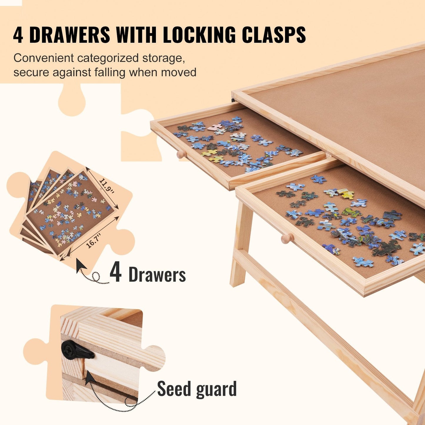 Wooden Jigsaw Puzzle Table with Folding Legs, 4 Drawers, and Waterproof Cover