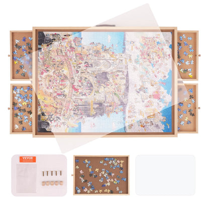 Wooden Jigsaw Puzzle Table with Folding Legs, 4 Drawers, and Waterproof Cover