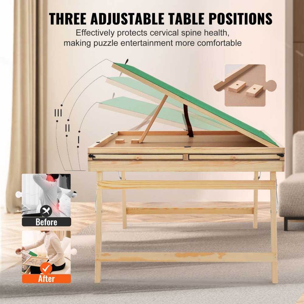 1500 Piece Puzzle Table with Folding Legs, 4 Drawers and Cover, Wooden Jigsaw Puzzle Plateau, Adjustable 3-Tilting-Angle