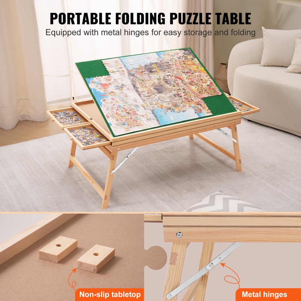 1500 Piece Puzzle Table with Folding Legs, 4 Drawers and Cover, Wooden Jigsaw Puzzle Plateau, Adjustable 3-Tilting-Angle