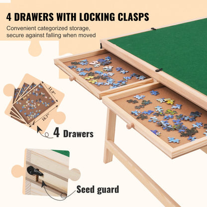 1500 Piece Puzzle Table with Folding Legs, 4 Drawers and Cover, Wooden Jigsaw Puzzle Plateau, Adjustable 3-Tilting-Angle