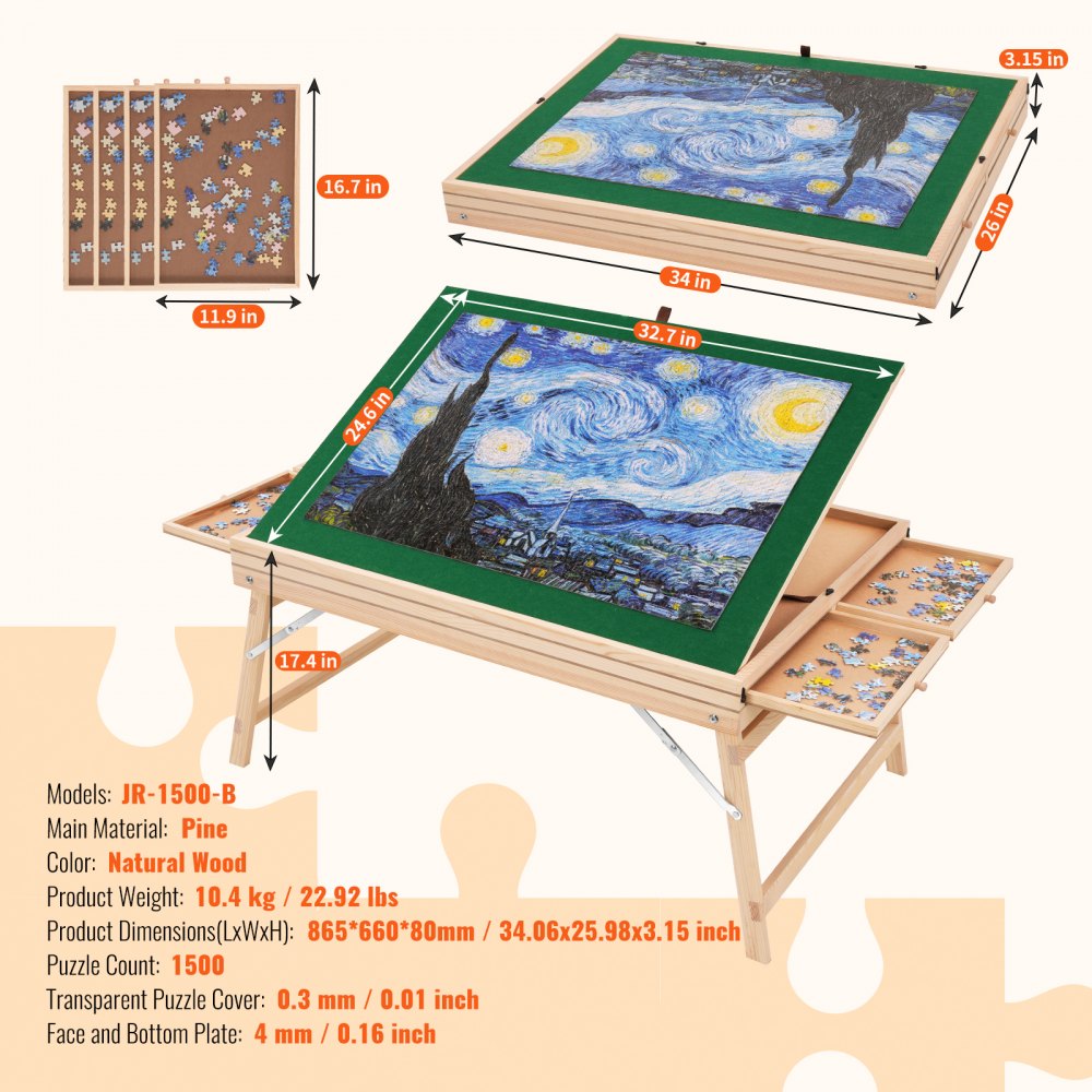 1500 Piece Puzzle Table with Folding Legs, 4 Drawers and Cover, Wooden Jigsaw Puzzle Plateau, Adjustable 3-Tilting-Angle