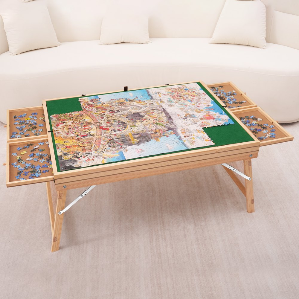 1500 Piece Puzzle Table with Folding Legs, 4 Drawers and Cover, Wooden Jigsaw Puzzle Plateau, Adjustable 3-Tilting-Angle