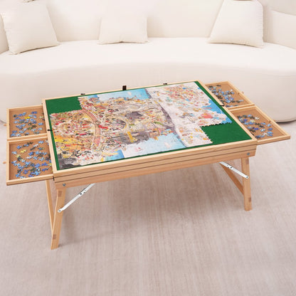 1500 Piece Puzzle Table with Folding Legs, 4 Drawers and Cover, Wooden Jigsaw Puzzle Plateau, Adjustable 3-Tilting-Angle