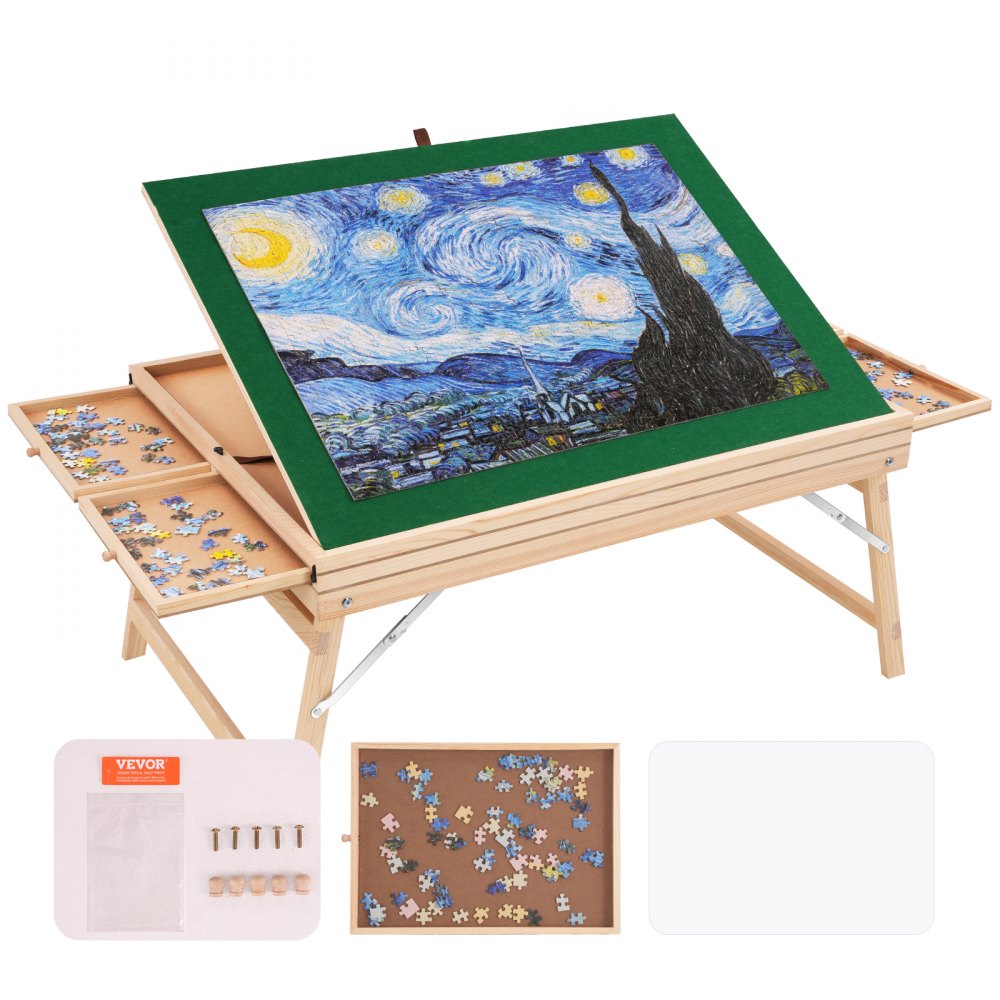 1500 Piece Puzzle Table with Folding Legs, 4 Drawers and Cover, Wooden Jigsaw Puzzle Plateau, Adjustable 3-Tilting-Angle