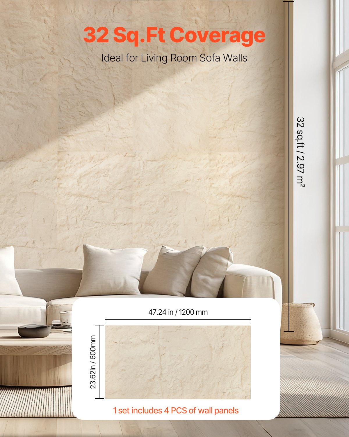 VEVOR 3D Wall Panels 4 PCS 120x60cm PU Stone-Look 2.97 m² Coverage Stone Yellow