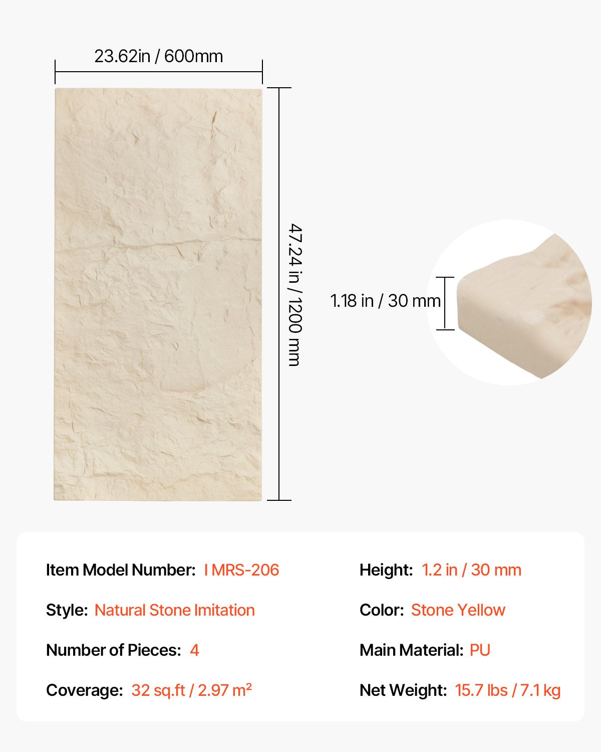 VEVOR 3D Wall Panels 4 PCS 120x60cm PU Stone-Look 2.97 m² Coverage Stone Yellow