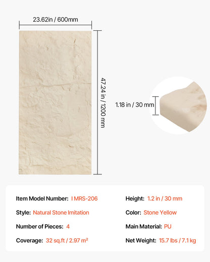 VEVOR 3D Wall Panels 4 PCS 120x60cm PU Stone-Look 2.97 m² Coverage Stone Yellow