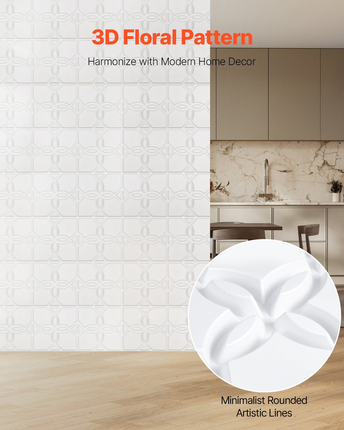 VEVOR 3D Wall Panels 33-Pack 30 x 30 cm PVC 2.97 m² Coverage Floral Matte White