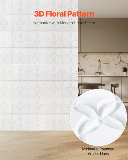 VEVOR 3D Wall Panels 33-Pack 30 x 30 cm PVC 2.97 m² Coverage Floral Matte White