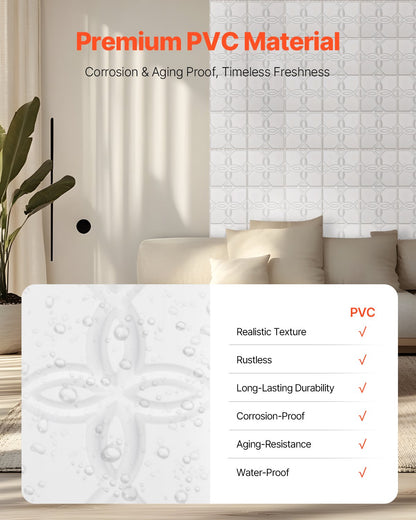 VEVOR 3D Wall Panels 33-Pack 30 x 30 cm PVC 2.97 m² Coverage Floral Matte White