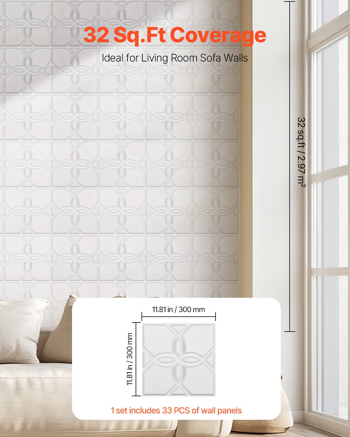 VEVOR 3D Wall Panels 33-Pack 30 x 30 cm PVC 2.97 m² Coverage Floral Matte White