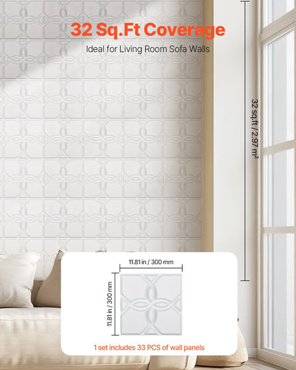 VEVOR 3D Wall Panels 33-Pack 30 x 30 cm PVC 2.97 m² Coverage Floral Matte White