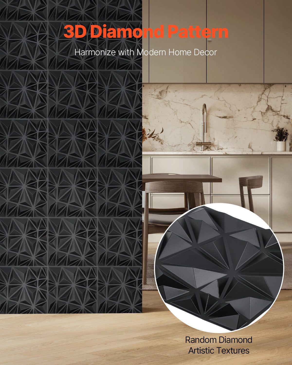 VEVOR 3D Wall Panels 33-Pack 30x30 cm PVC 2.97 m² Coverage Diamond Matte Black