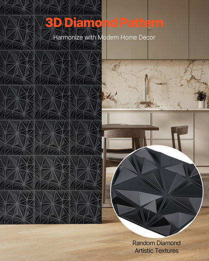 VEVOR 3D Wall Panels 33-Pack 30x30 cm PVC 2.97 m² Coverage Diamond Matte Black