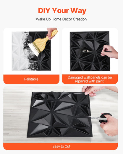 VEVOR 3D Wall Panels 33-Pack 30x30 cm PVC 2.97 m² Coverage Diamond Matte Black
