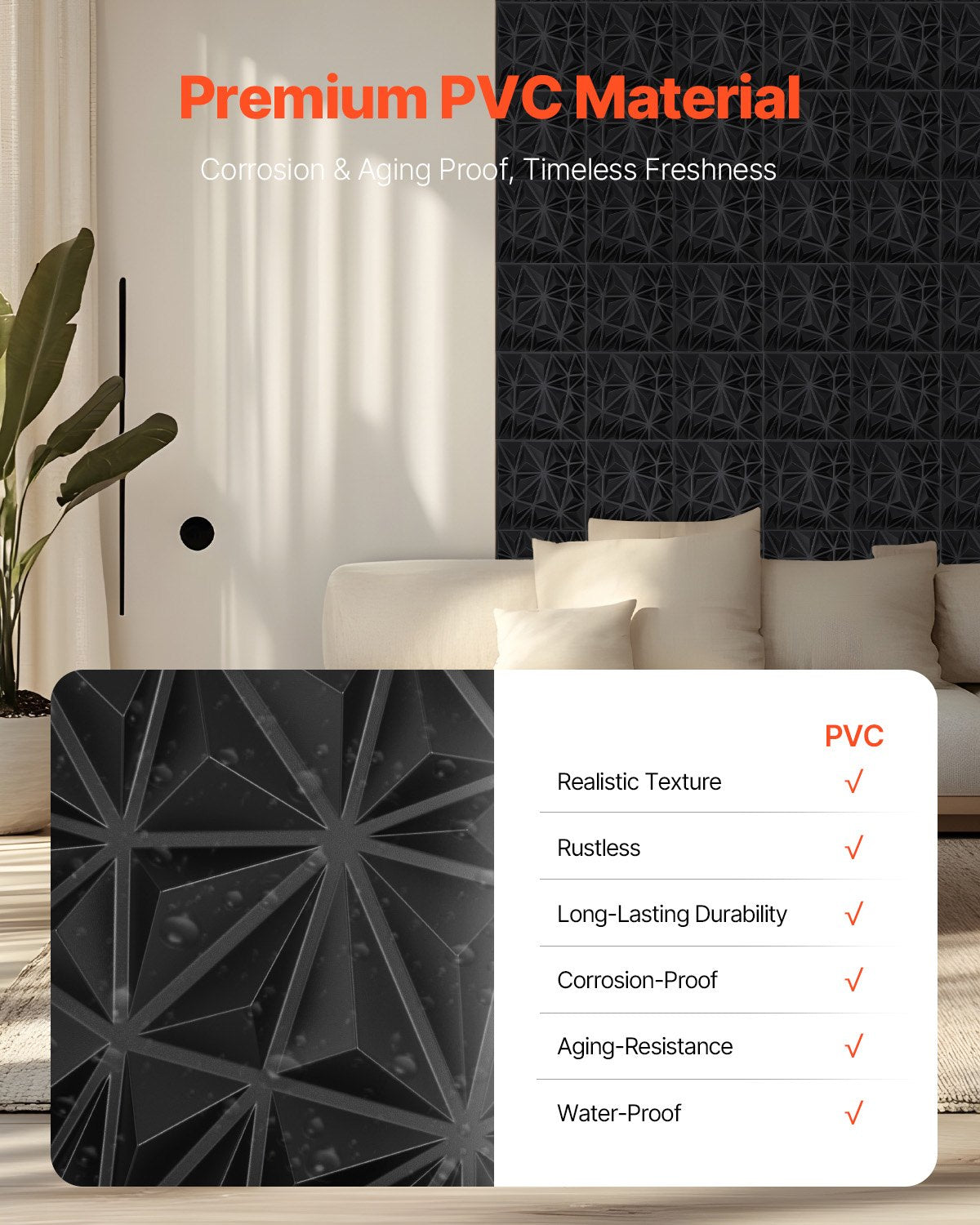 VEVOR 3D Wall Panels 33-Pack 30x30 cm PVC 2.97 m² Coverage Diamond Matte Black