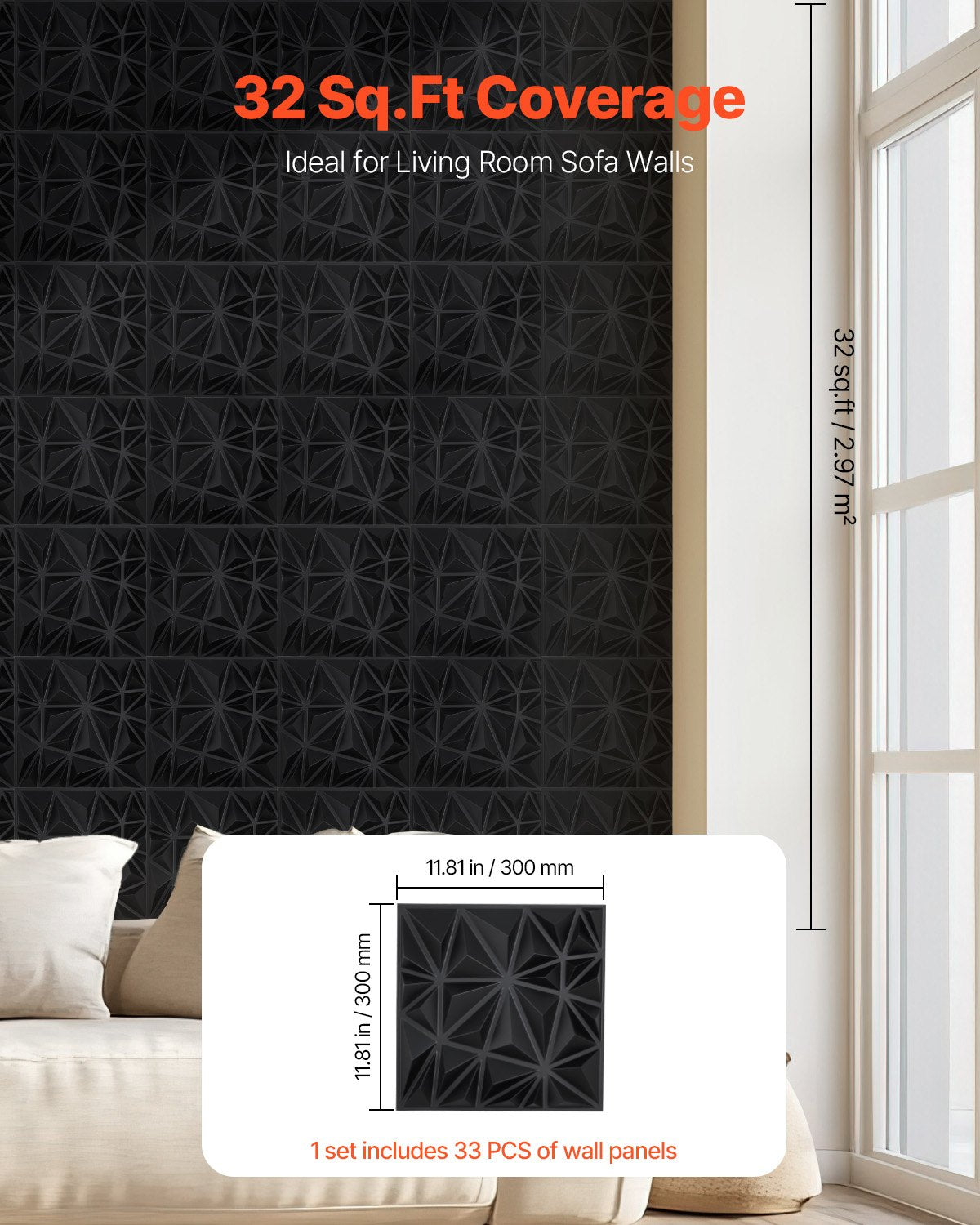 VEVOR 3D Wall Panels 33-Pack 30x30 cm PVC 2.97 m² Coverage Diamond Matte Black