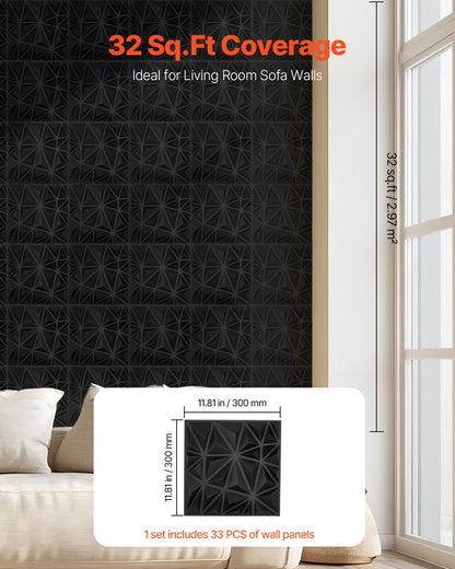 VEVOR 3D Wall Panels 33-Pack 30x30 cm PVC 2.97 m² Coverage Diamond Matte Black