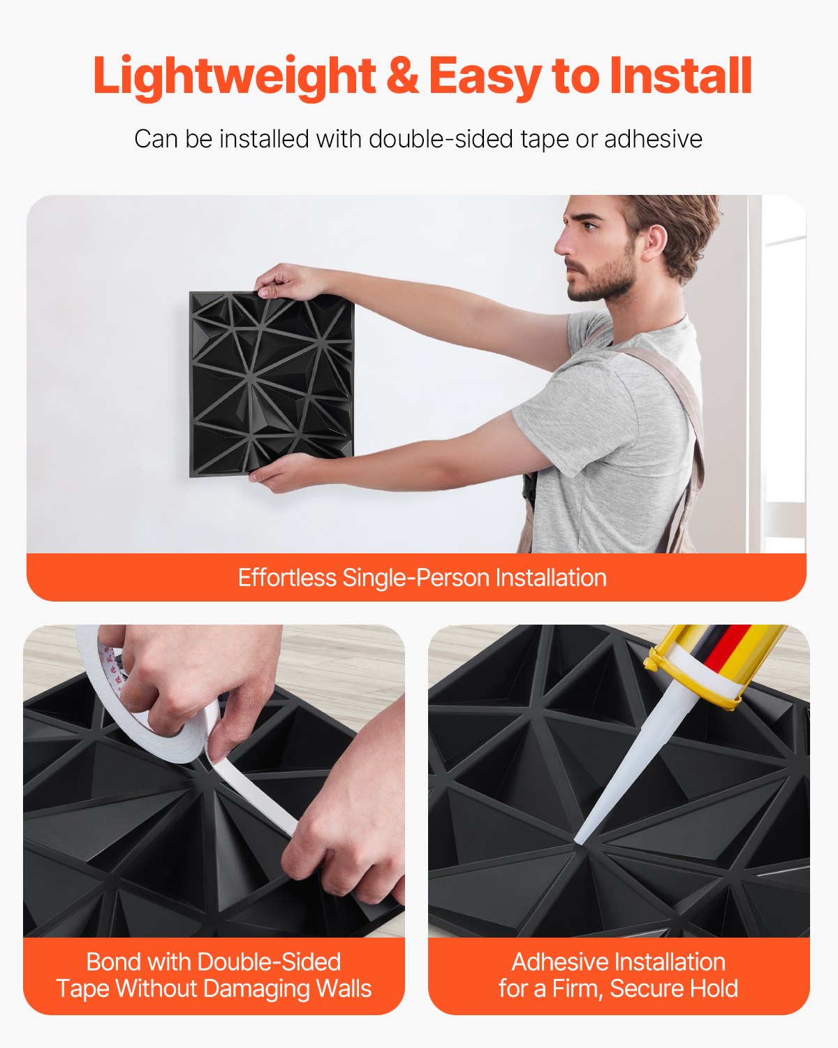 VEVOR 3D Wall Panels 33-Pack 30x30 cm PVC 2.97 m² Coverage Diamond Matte Black