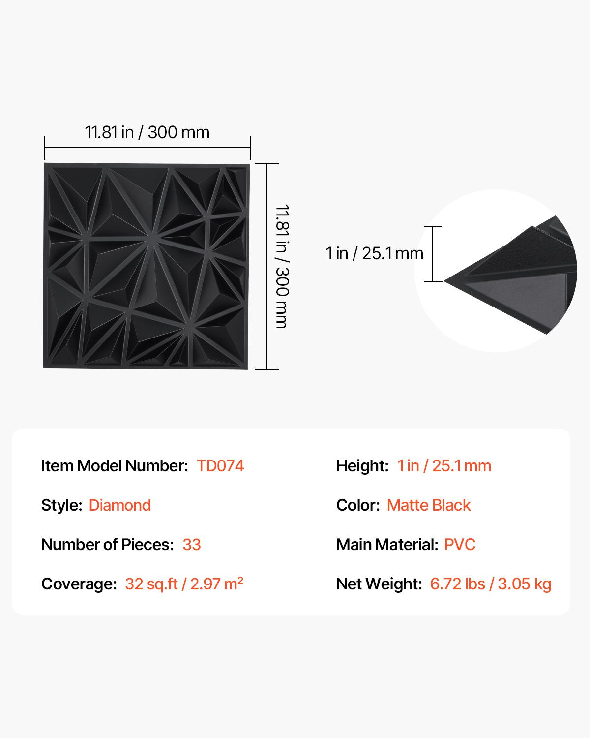 VEVOR 3D Wall Panels 33-Pack 30x30 cm PVC 2.97 m² Coverage Diamond Matte Black