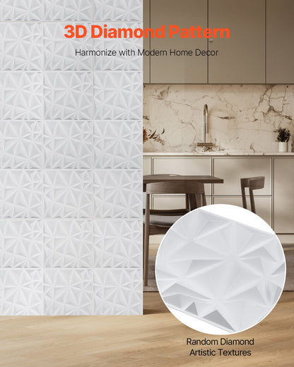 VEVOR 3D Wall Panels 33-Pack 30x30 cm PVC 2.97 m² Coverage Diamond Matte White