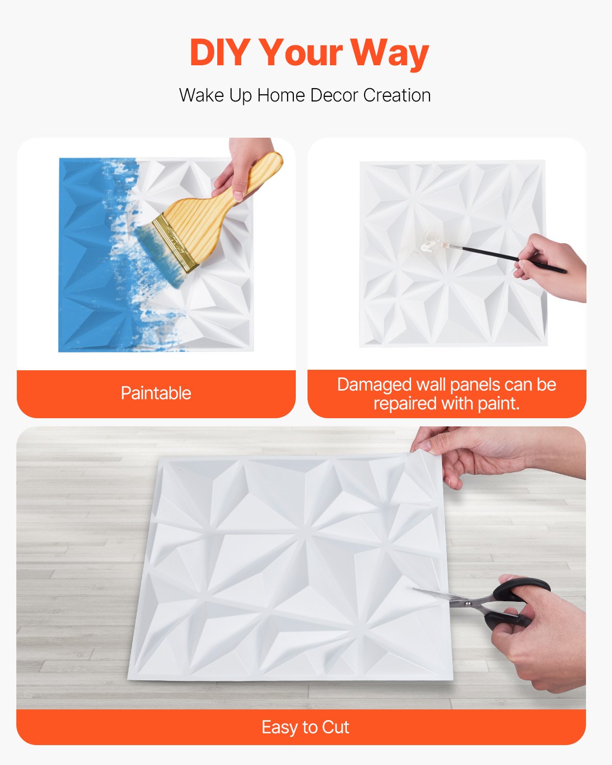 VEVOR 3D Wall Panels 33-Pack 30x30 cm PVC 2.97 m² Coverage Diamond Matte White