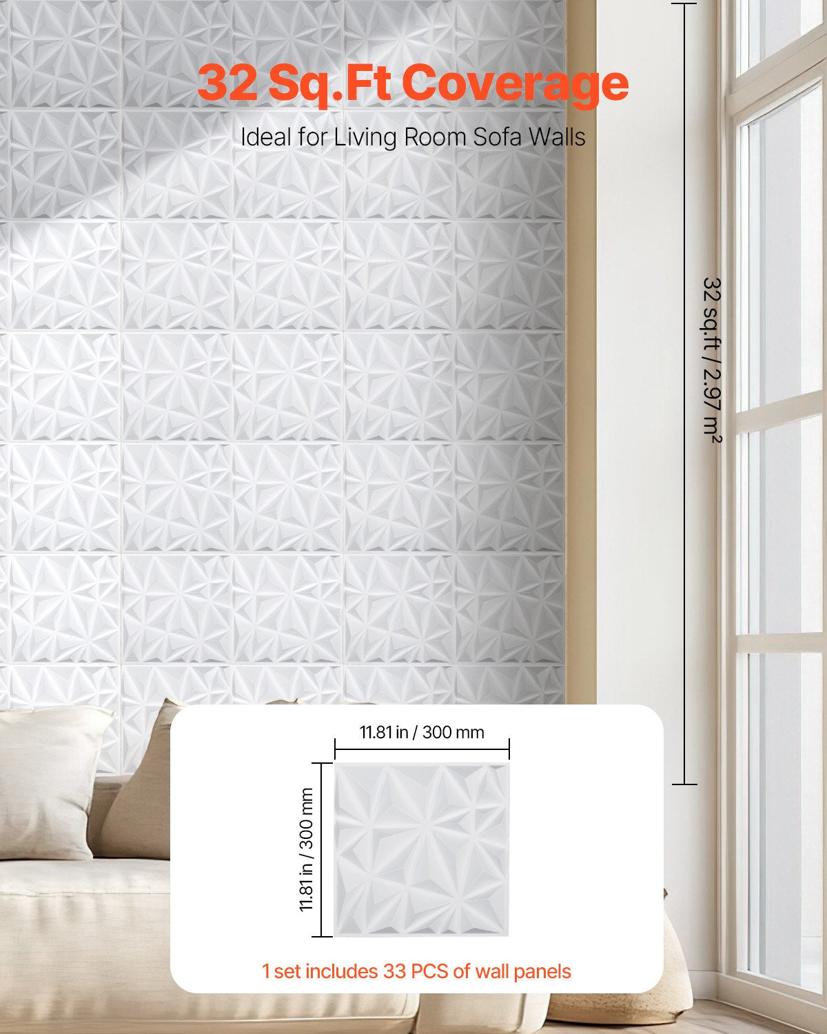 VEVOR 3D Wall Panels 33-Pack 30x30 cm PVC 2.97 m² Coverage Diamond Matte White