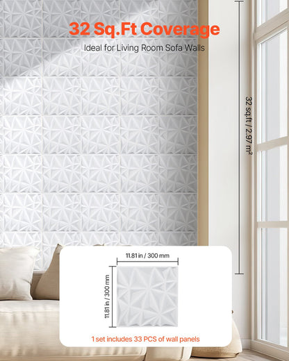 VEVOR 3D Wall Panels 33-Pack 30x30 cm PVC 2.97 m² Coverage Diamond Matte White