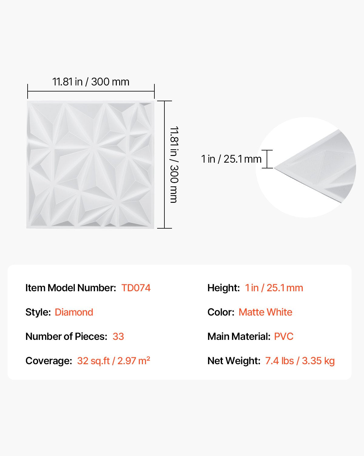 VEVOR 3D Wall Panels 33-Pack 30x30 cm PVC 2.97 m² Coverage Diamond Matte White