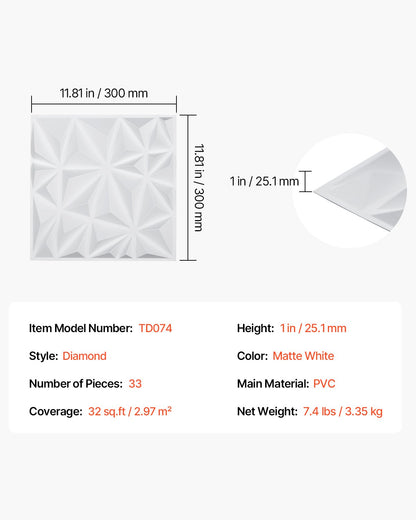 VEVOR 3D Wall Panels 33-Pack 30x30 cm PVC 2.97 m² Coverage Diamond Matte White