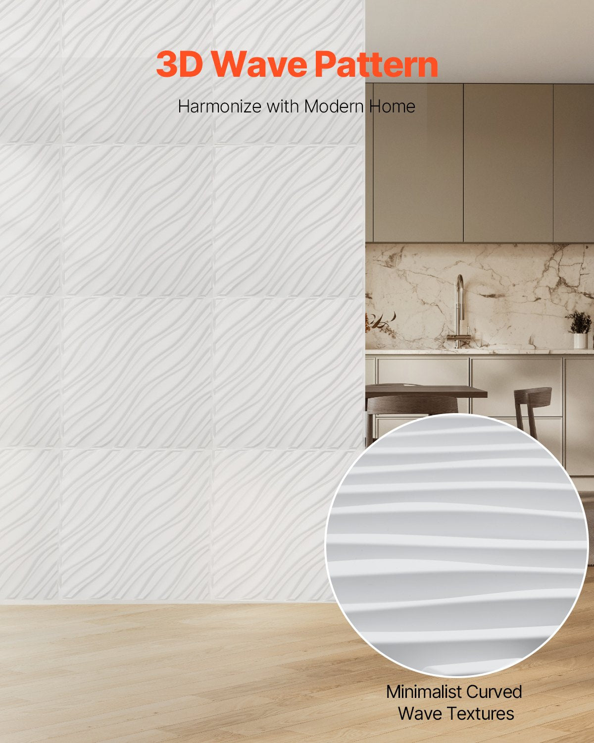 VEVOR 3D Wall Panels 12-Pack 50 x 50 cm PVC 2.97 m² Coverage Wave Matte White