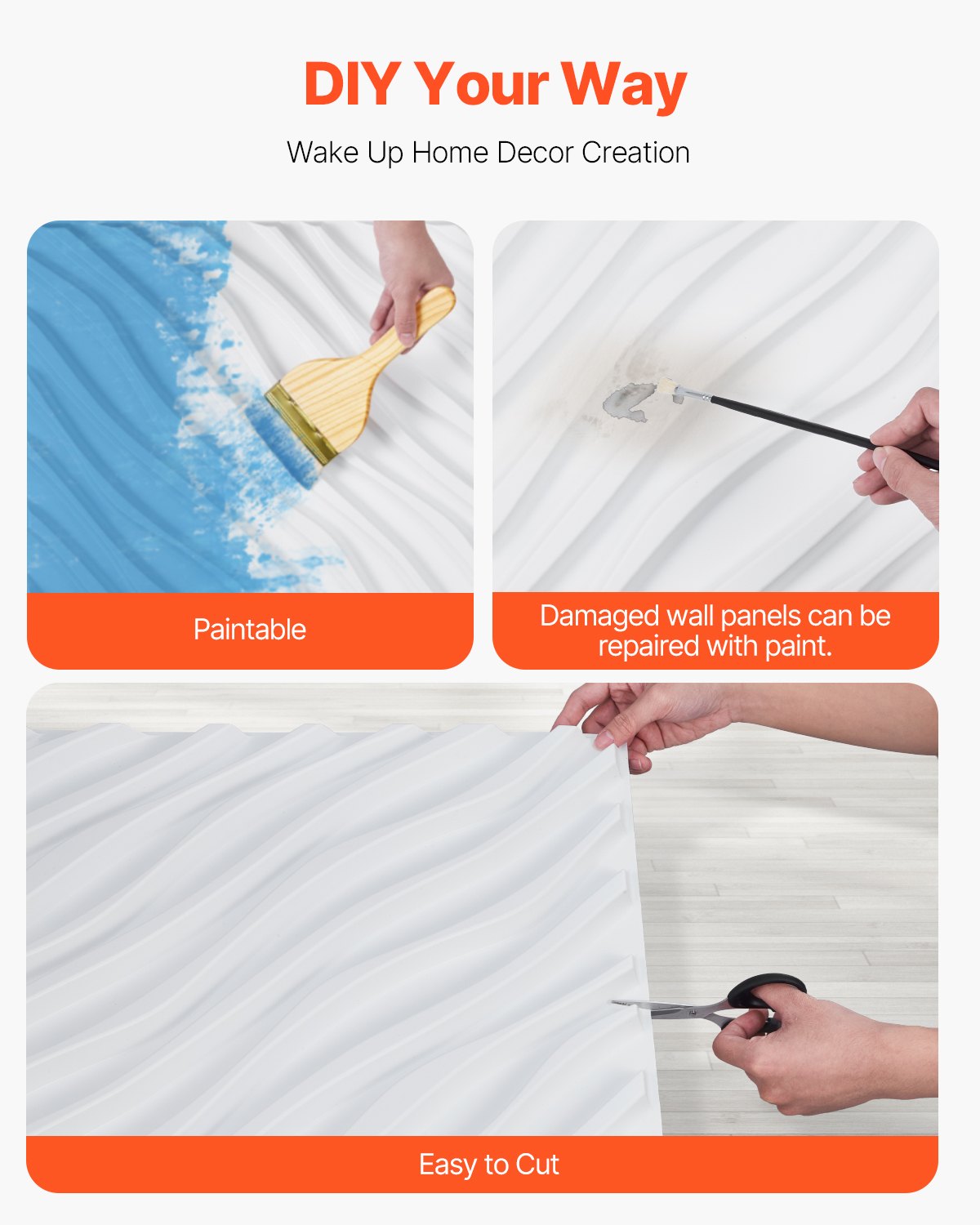 VEVOR 3D Wall Panels 12-Pack 50 x 50 cm PVC 2.97 m² Coverage Wave Matte White