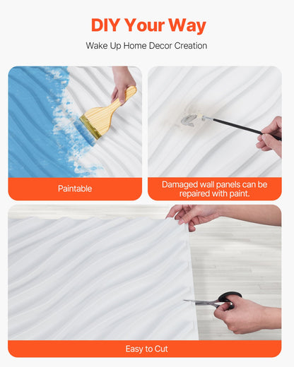 VEVOR 3D Wall Panels 12-Pack 50 x 50 cm PVC 2.97 m² Coverage Wave Matte White
