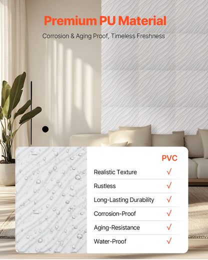 VEVOR 3D Wall Panels 12-Pack 50 x 50 cm PVC 2.97 m² Coverage Wave Matte White