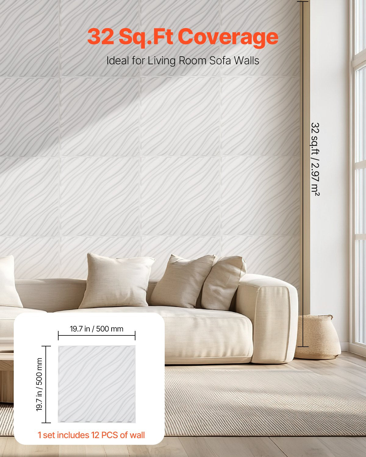 VEVOR 3D Wall Panels 12-Pack 50 x 50 cm PVC 2.97 m² Coverage Wave Matte White