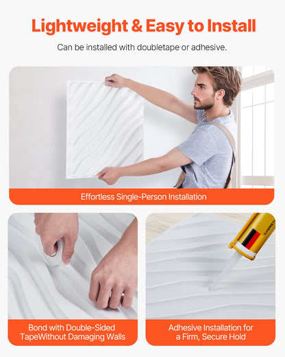 VEVOR 3D Wall Panels 12-Pack 50 x 50 cm PVC 2.97 m² Coverage Wave Matte White