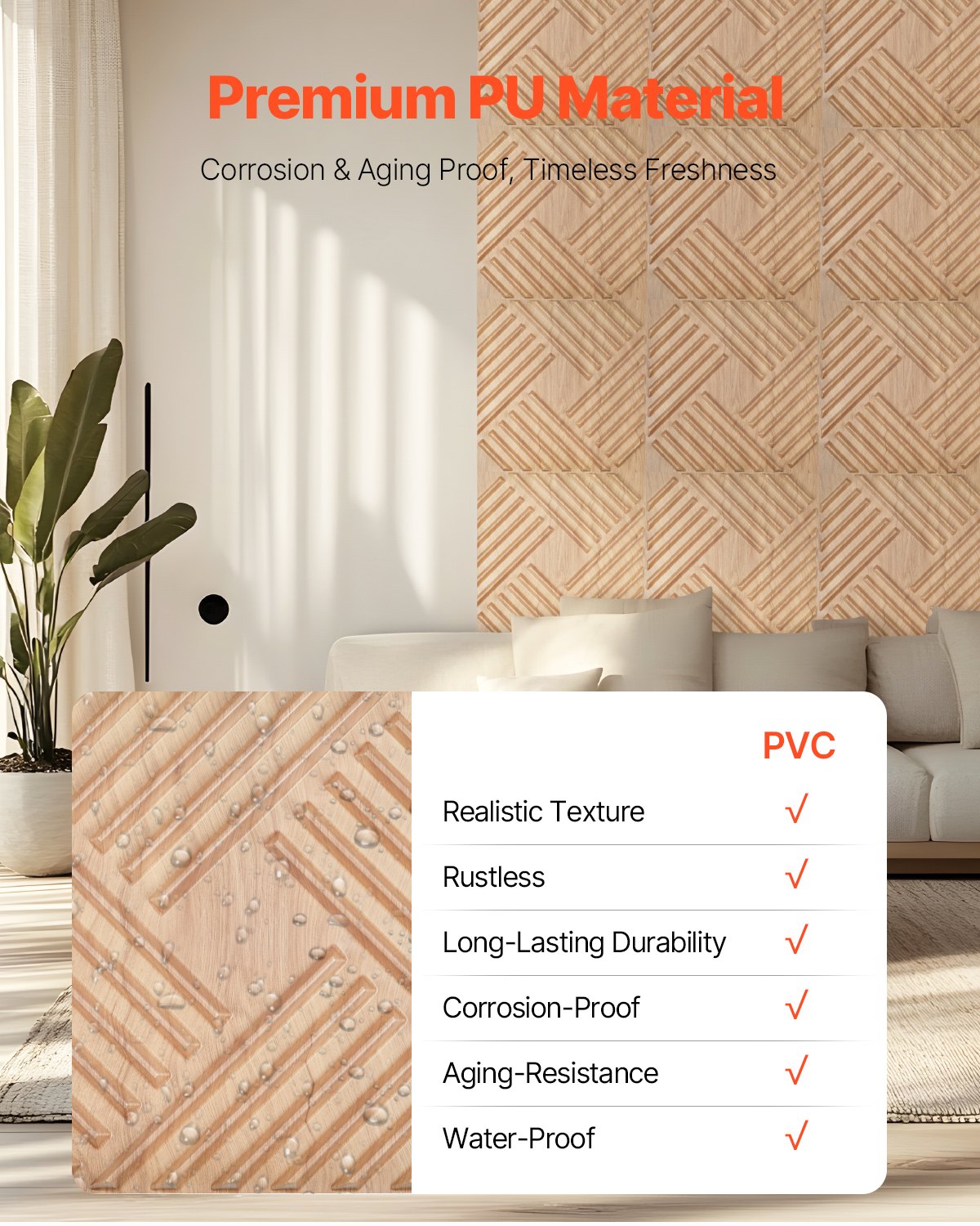 VEVOR 3D Slat Wall Panels 12-Pack 50x50cm PVC 2.97 m² Coverage Light Wood Color