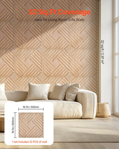 VEVOR 3D Slat Wall Panels 12-Pack 50x50cm PVC 2.97 m² Coverage Light Wood Color