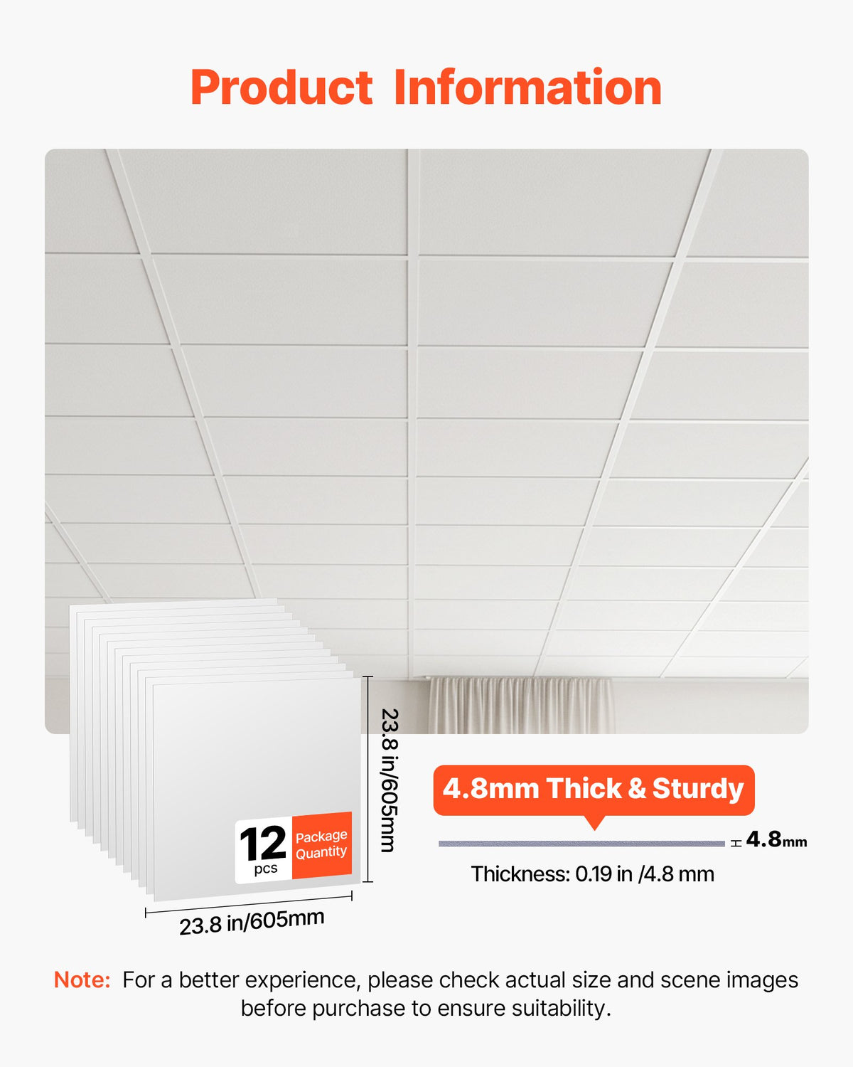 605x605mm PVC Ceiling Tiles 12-Pack Drop Ceiling Panels White, PVC Foam Board, Grid Fit, Water-Resistant, Flexible Cut, Easy to Clean, Modern Decorative for Home,Office,Kitchen,Living Room