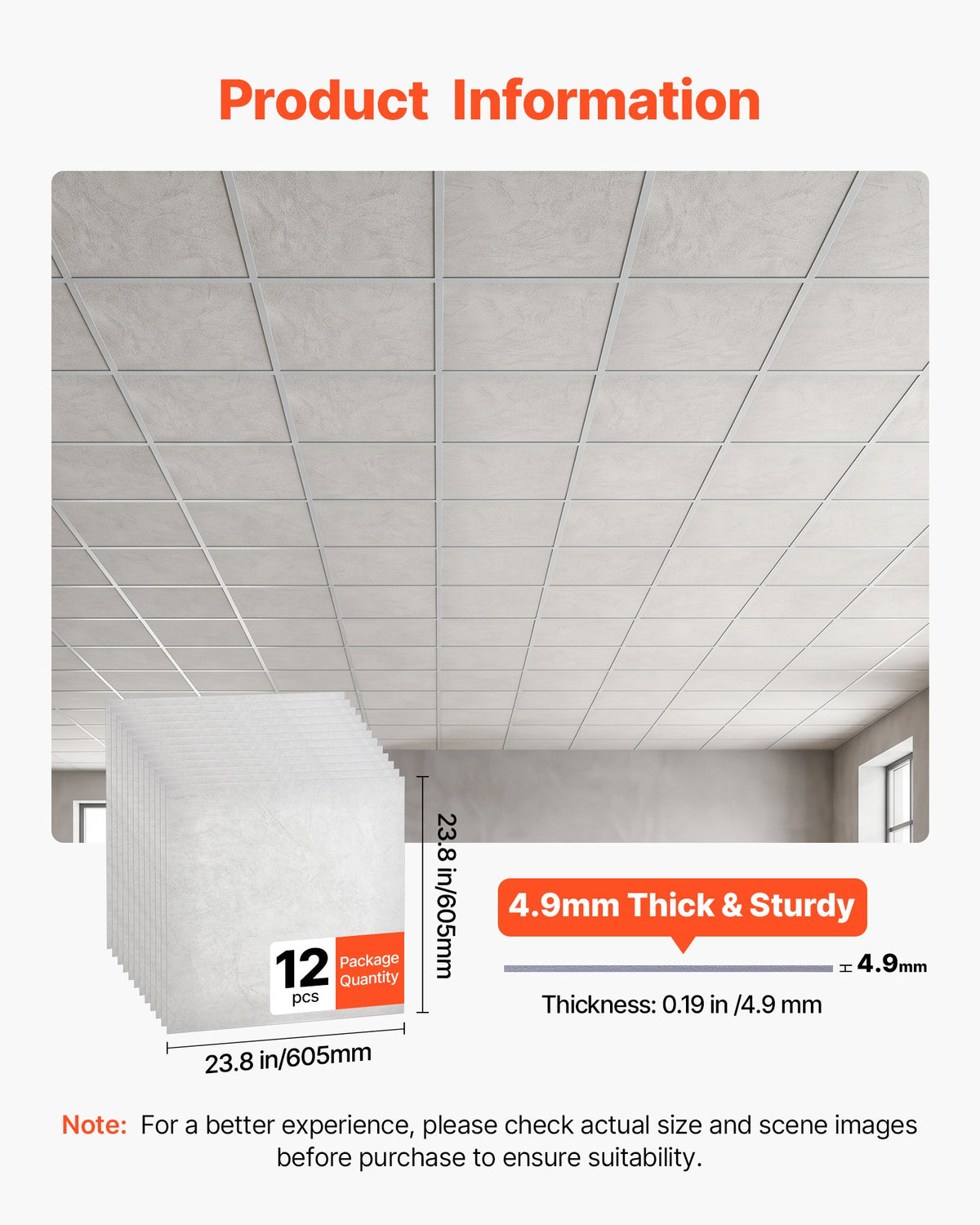 605x605mm PVC Ceiling Tiles 12-Pack Drop Ceiling Panels White Marble, PVC Foam Board, Grid Fit, Water-Resistant, Flexible Cut, Easy to Clean, Modern Decorative Finish for Home, Office Areas