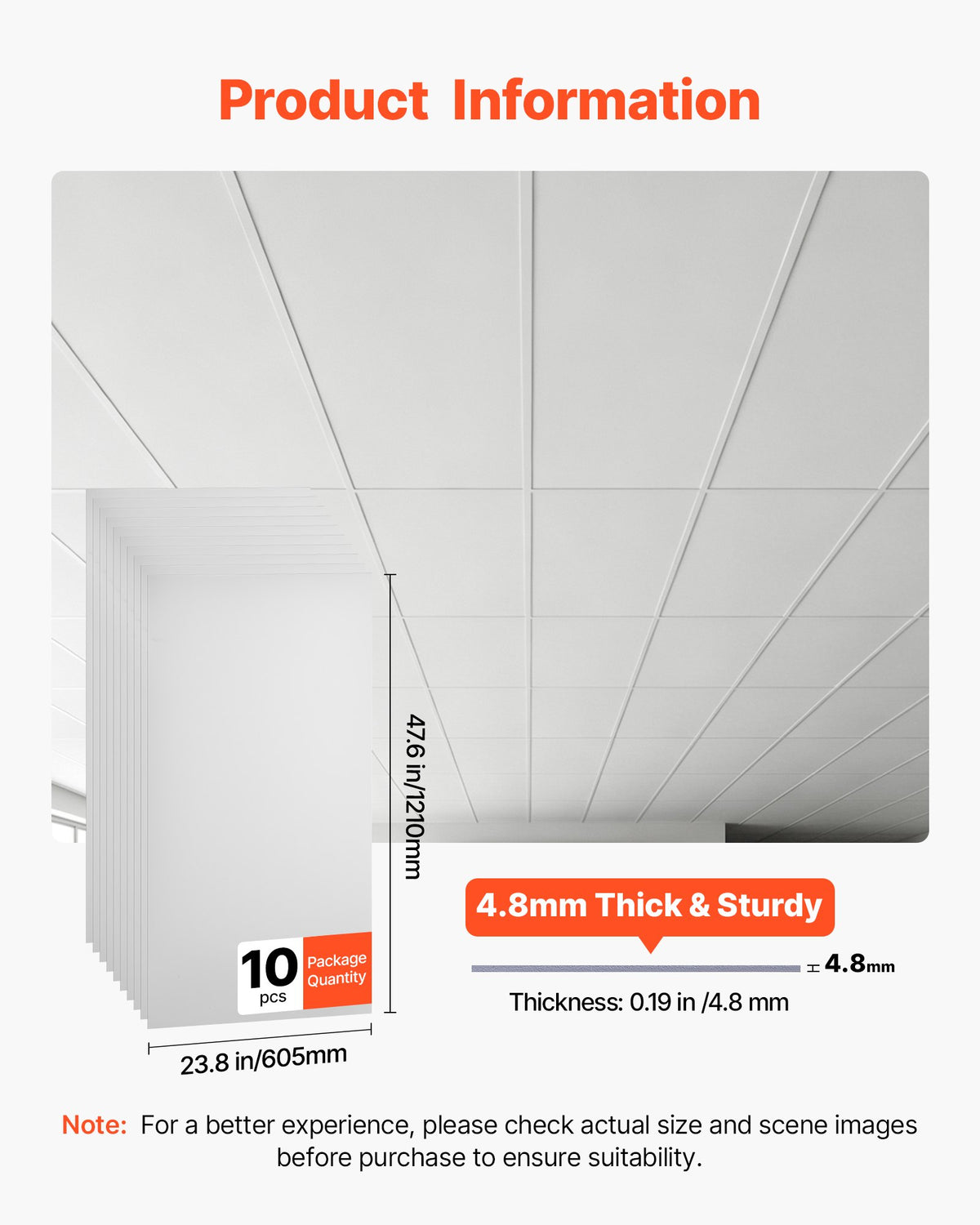 605x1210mm PVC Ceiling Tiles 10-Pack Drop Ceiling Panels White, PVC Foam Board, Grid Fit, Water-Resistant, Flexible Cut, Easy to Clean, Modern Decorative for Home,Office,Kitchen,Living Room