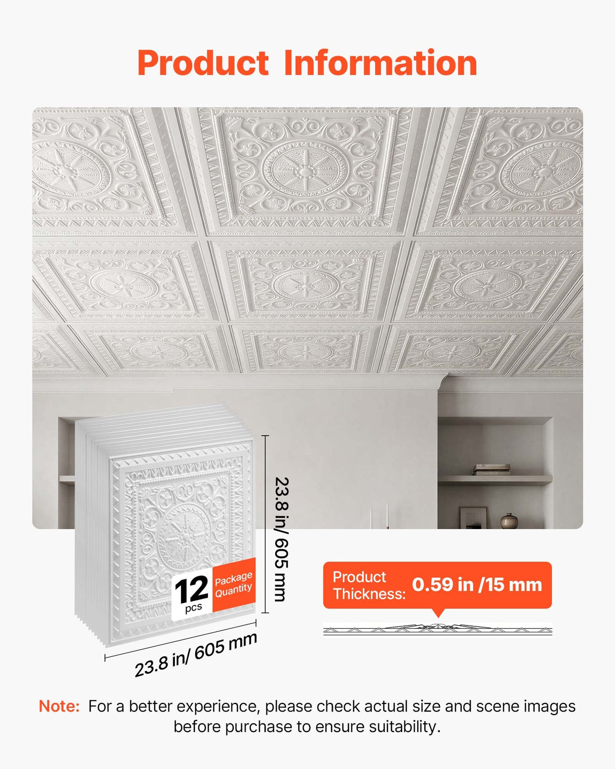 605x605mm PVC Ceiling Tiles 12-Pack White 3D Geometric Panels, Smooth PVC Sheet for Drop Grid, Impact-Resistant, Paintable Surface, Easy Cut, Modern Decorative Style for Home, Office
