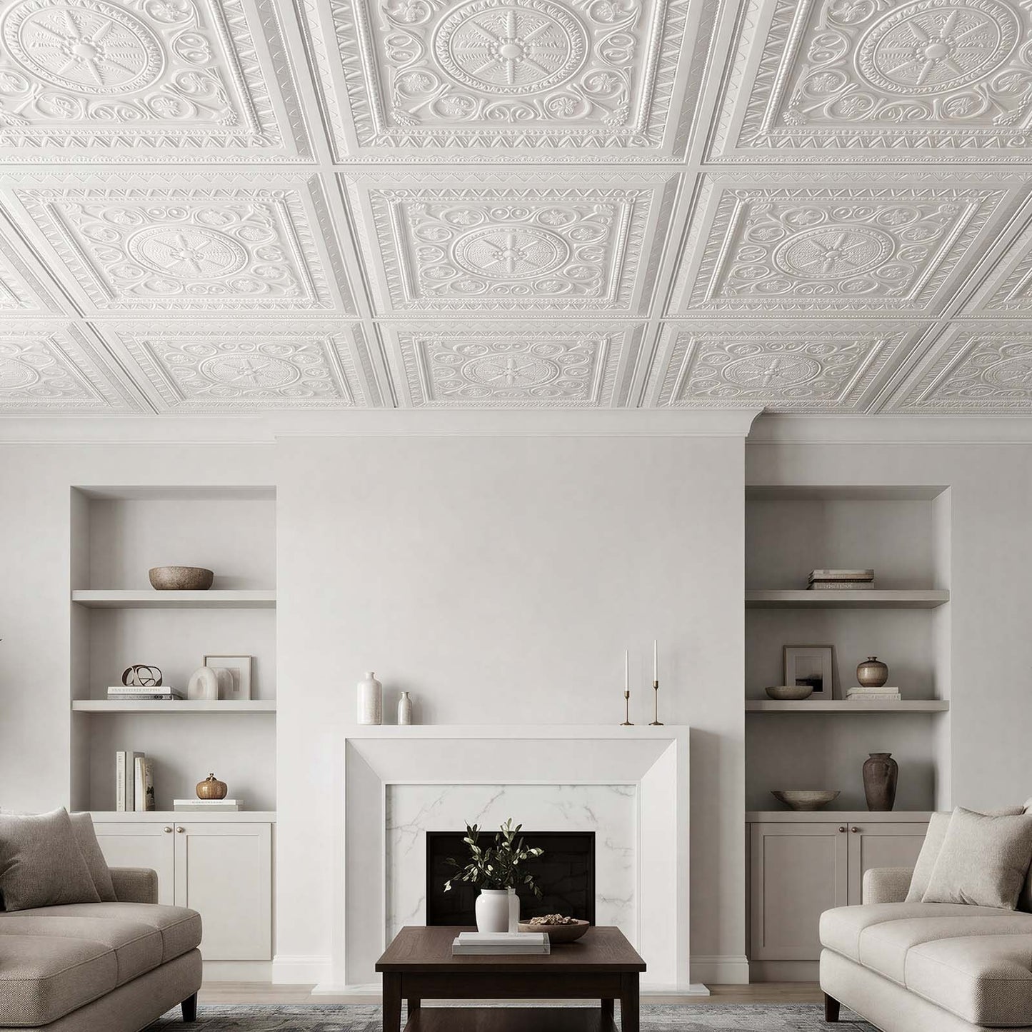 605x605mm PVC Ceiling Tiles 12-Pack White 3D Geometric Panels, Smooth PVC Sheet for Drop Grid, Impact-Resistant, Paintable Surface, Easy Cut, Modern Decorative Style for Home, Office