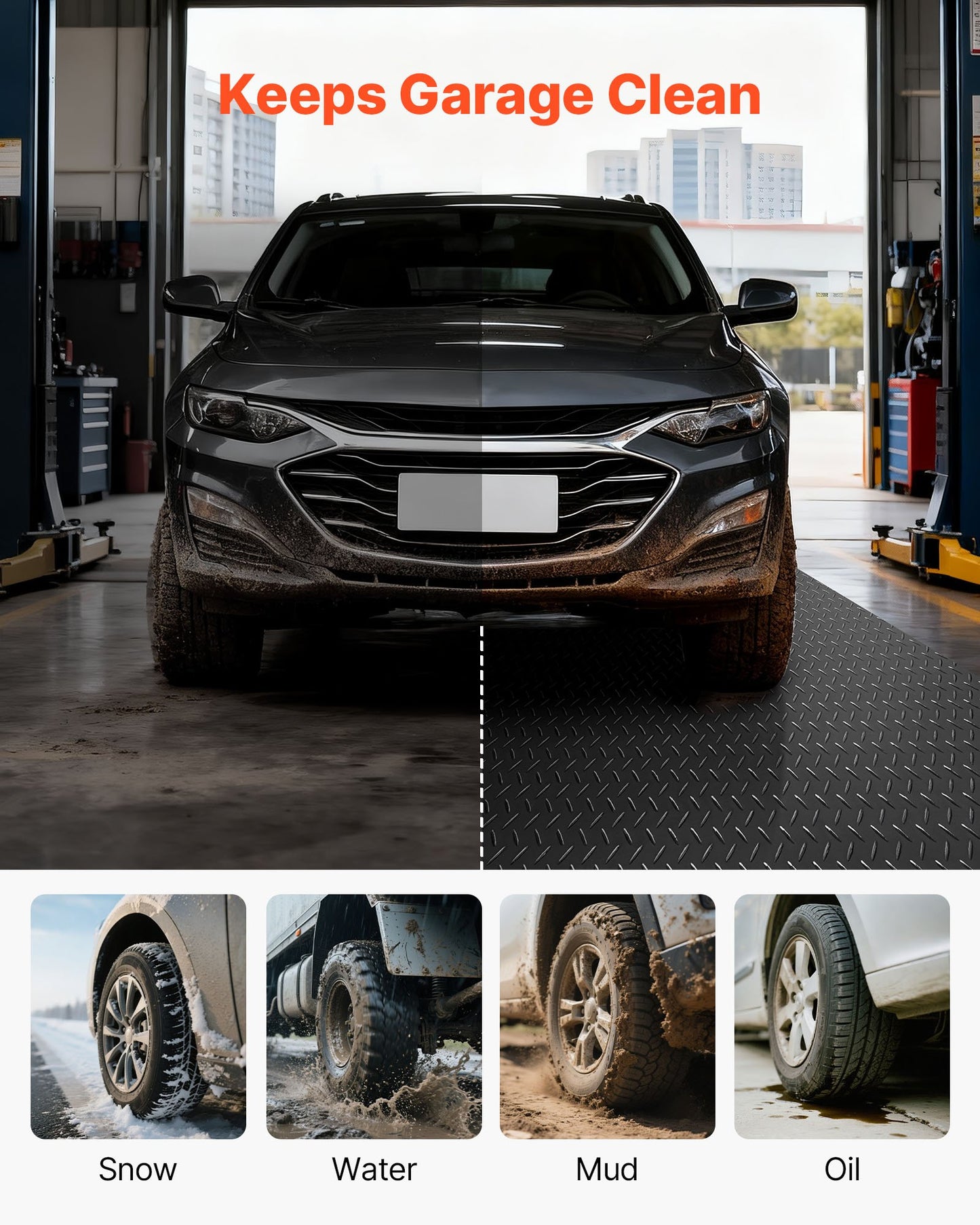 Garage Floor Roll, 2.28 x 6.1 m Garage Flooring Mat, 2.2 mm Thickened PVC Diamond Plate Floor Protector Mat with Double-sided Tape, Non-Slip, Easy to Clean for Warehouse, Gyms, Trailer, Black
