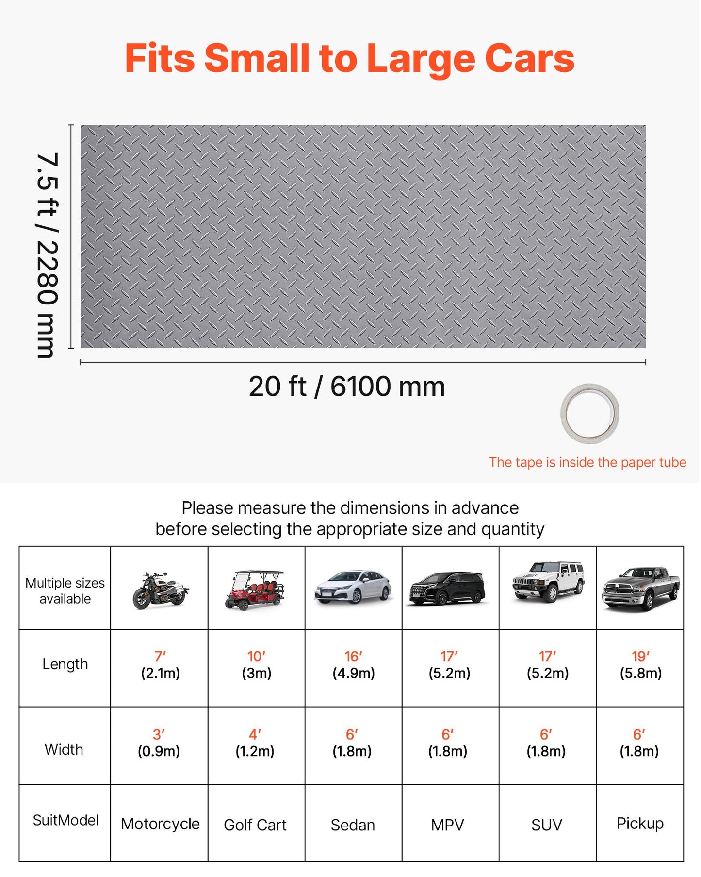 Garage Floor Roll, 2.28 x 6.1 m Garage Flooring Mat, 2.2 mm Thickened PVC Diamond Plate Floor Protector Mat with Double-sided Tape, Non-Slip, Easy to Clean for Warehouse, Gyms, Silver Gray